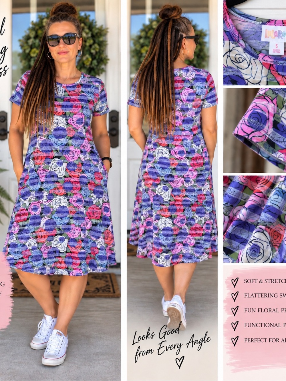 LuLaRoe Floral Midi Dress in Purple, Pink, White